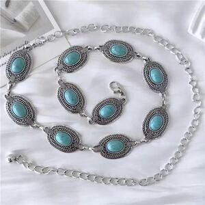 Women Turquoise Concho Chain Belt Western Cowgirl Waist Chain Oval Metal Link